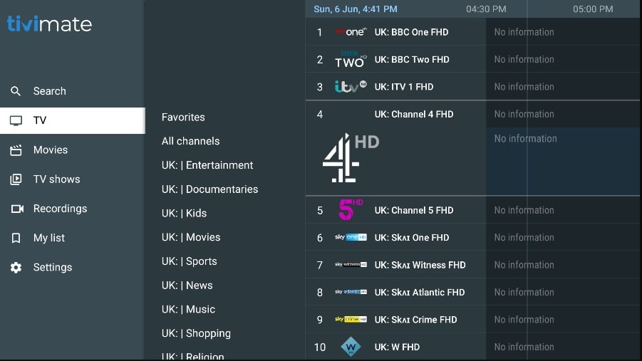 Electronic Program Guide interface for iptv providers on Xtream Flix TV